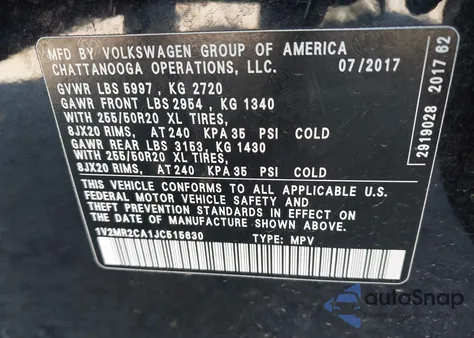 2018 Volkswagen Atlas 3.6L V6 Sel z USA, uszkodzony, nr VIN 1V2MR2CA1JC515630